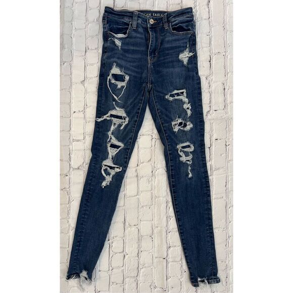 American Eagle Women's 2 Next Level Stretch Skinny Jeans Dark Wash Distressed - Picture 1 of 7
